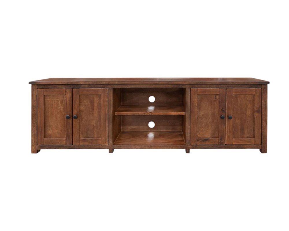 93" Brown Solid Wood Cabinet Enclosed Storage Distressed TV Stand on a white background