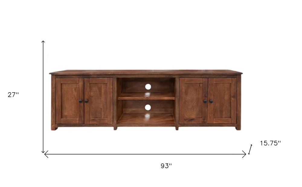 93" Brown Solid Wood Cabinet Enclosed Storage Distressed TV Stand on a white background