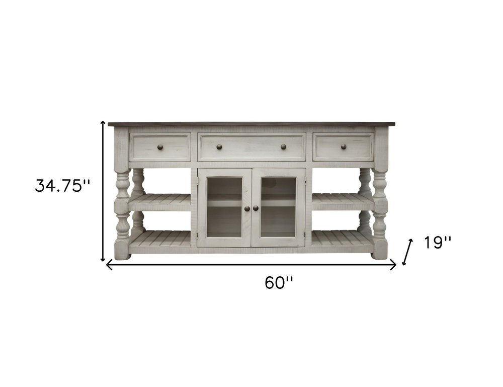 60" Ivory Solid Wood Open shelving Distressed TV Stand. TV stand isolated on a plain white background, showing a ivory wood surface.