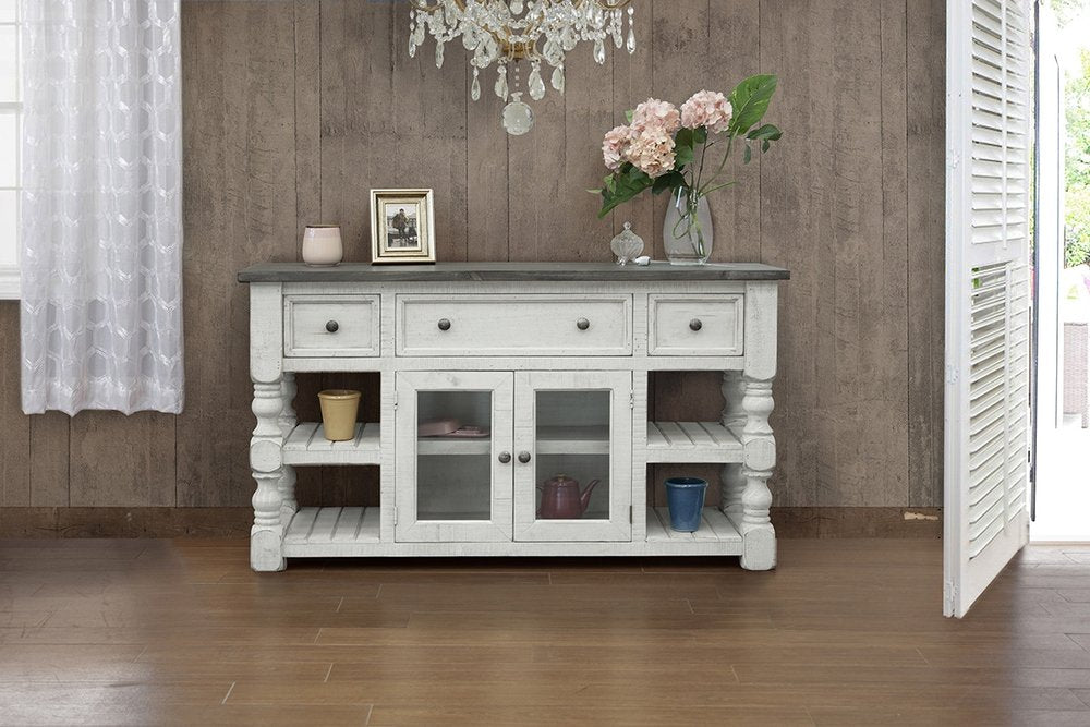 60" Ivory Solid Wood Open shelving Distressed TV Stand.