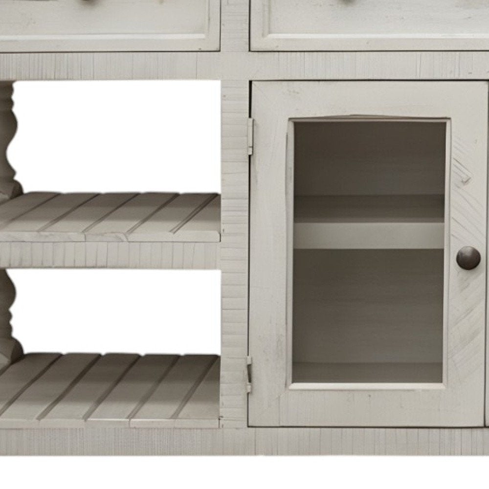 60" Ivory Solid Wood Open shelving Distressed TV Stand. TV stand isolated on a plain white background, showing a wood surface.