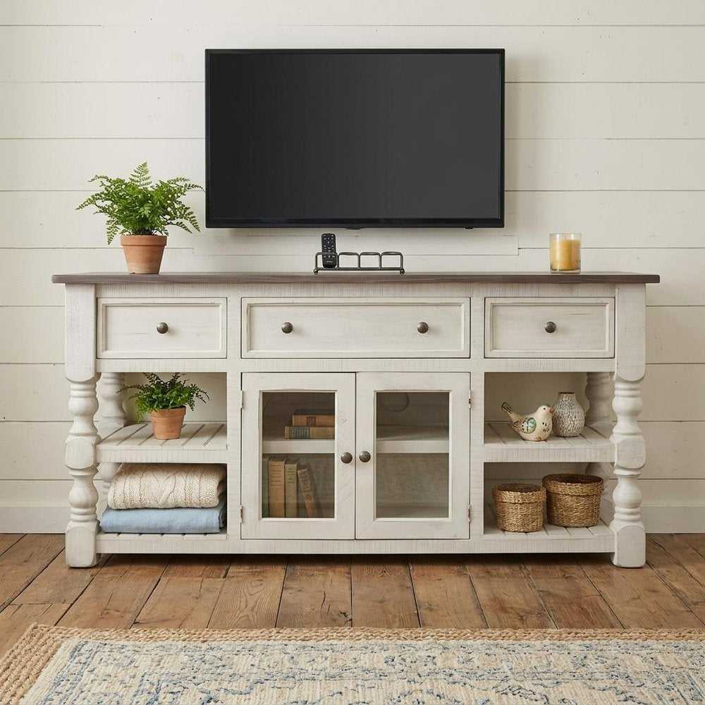 60" Ivory Solid Wood Open shelving Distressed TV Stand