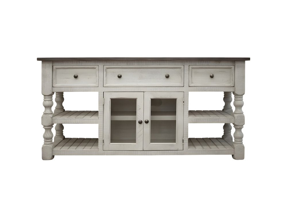60" Ivory Solid Wood Open shelving Distressed TV Stand. TV stand isolated on a plain white background, showing a wood surface.