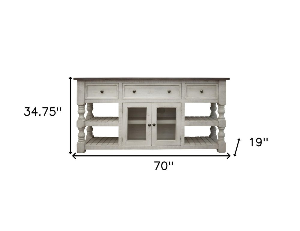 70" Ivory Solid Wood Open shelving Distressed TV Stand on a white background