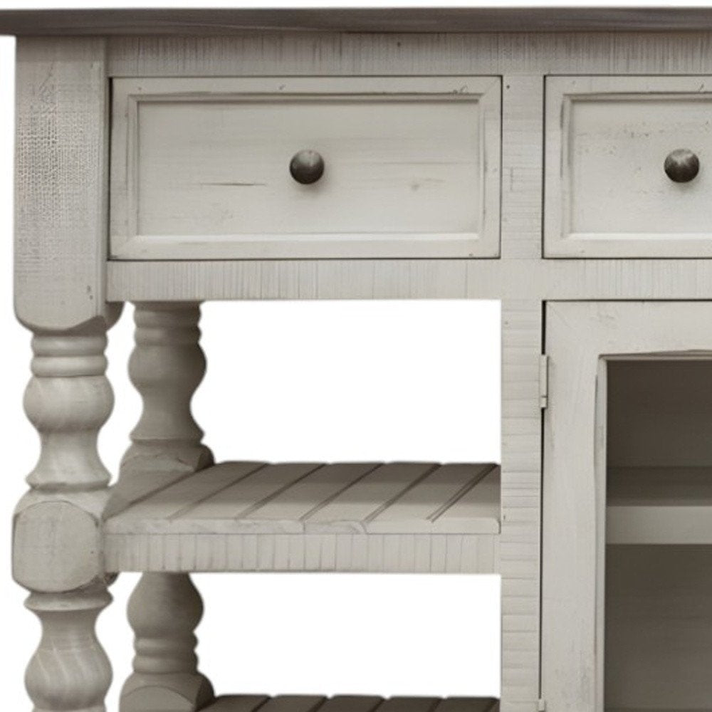 70" Ivory Solid Wood Open shelving Distressed TV Stand on a white background