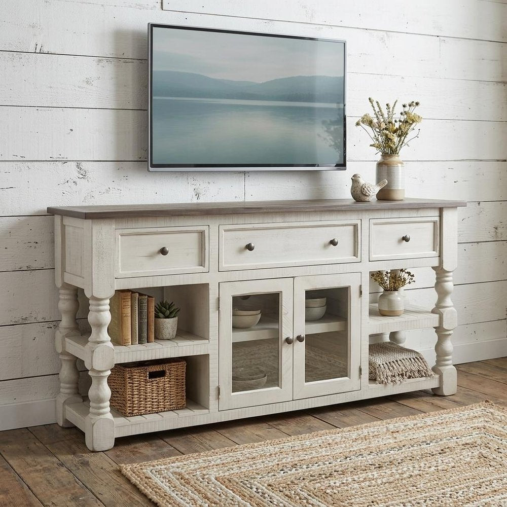 70" Ivory Solid Wood Open shelving Distressed TV Stand in a home interior