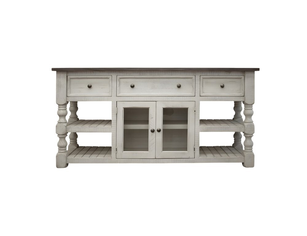 70" Ivory Solid Wood Open shelving Distressed TV Stand on a white background