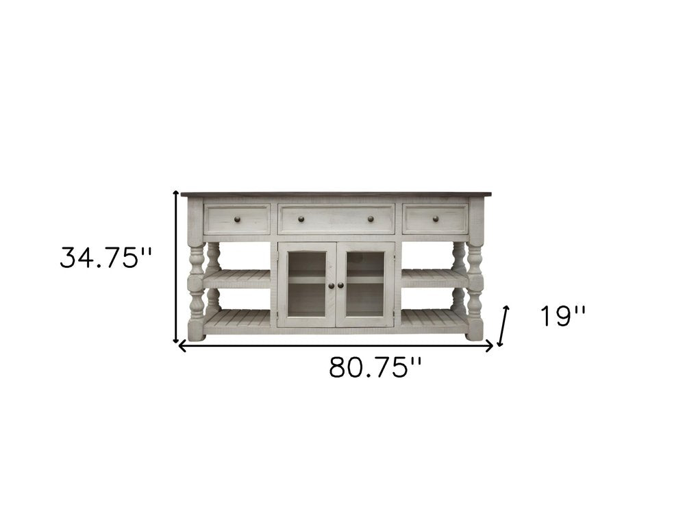 81" Ivory Solid Wood Open shelving Distressed TV Stand on a white background