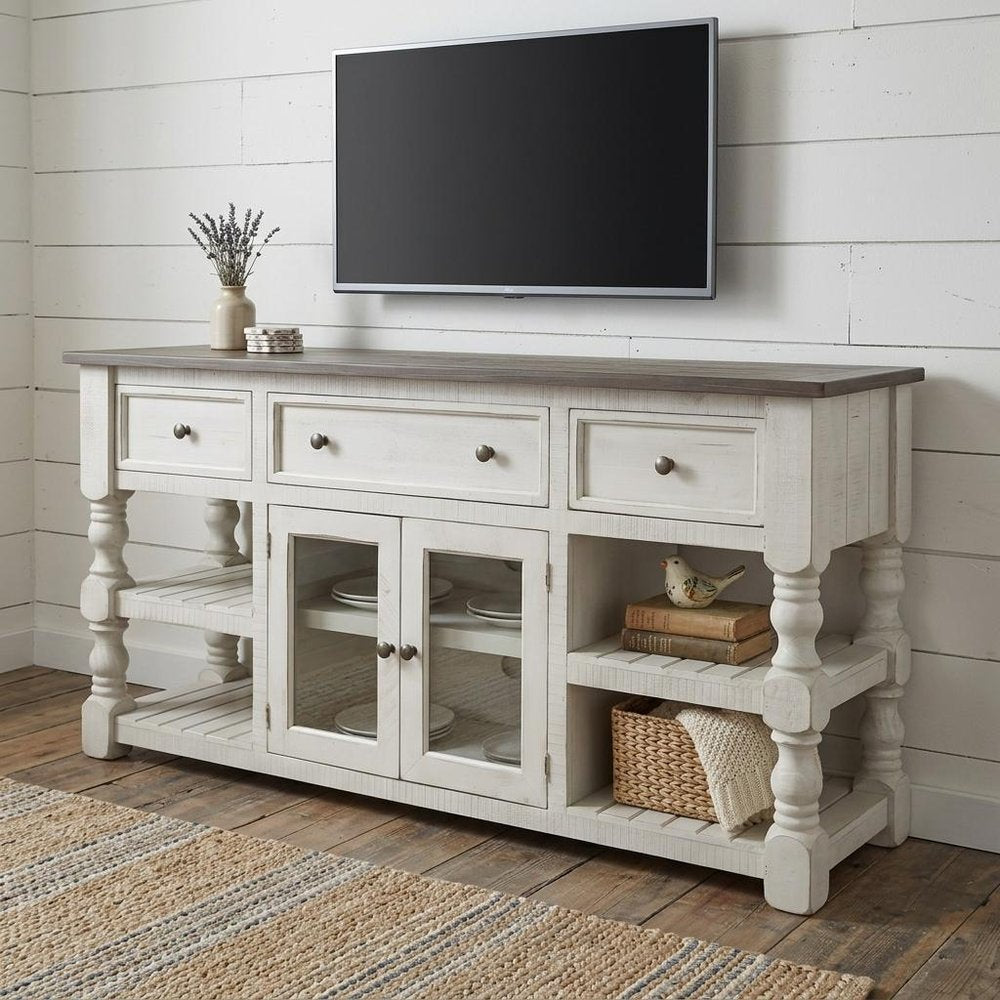 81" Ivory Solid Wood Open shelving Distressed TV Stand in a home interior