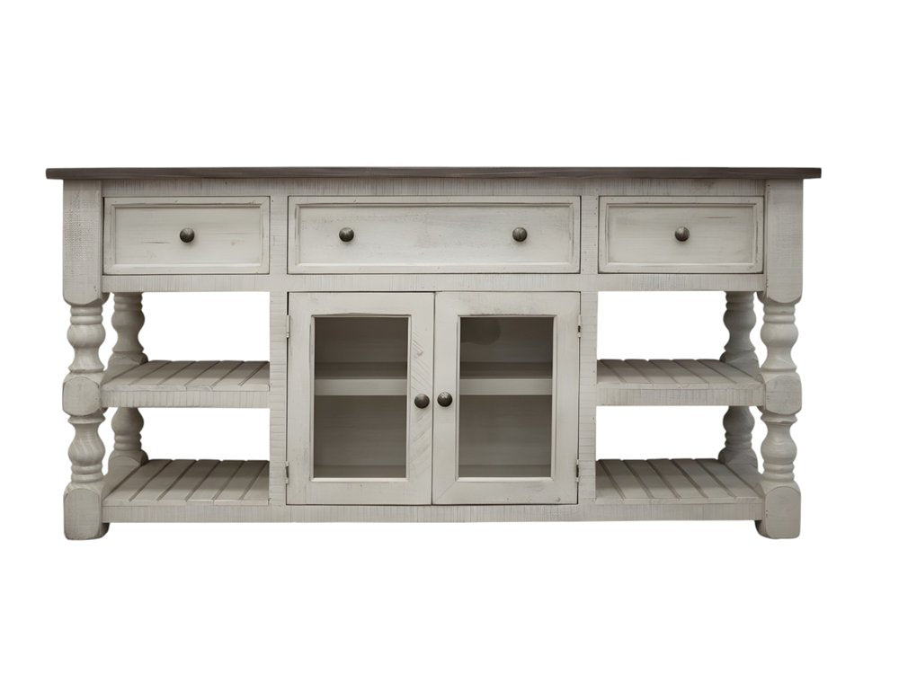 81" Ivory Solid Wood Open shelving Distressed TV Stand on a white background
