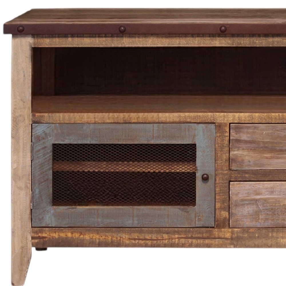 53" Brown Solid Wood Cabinet Enclosed Storage Distressed TV Stand. TV stand in brown wood.