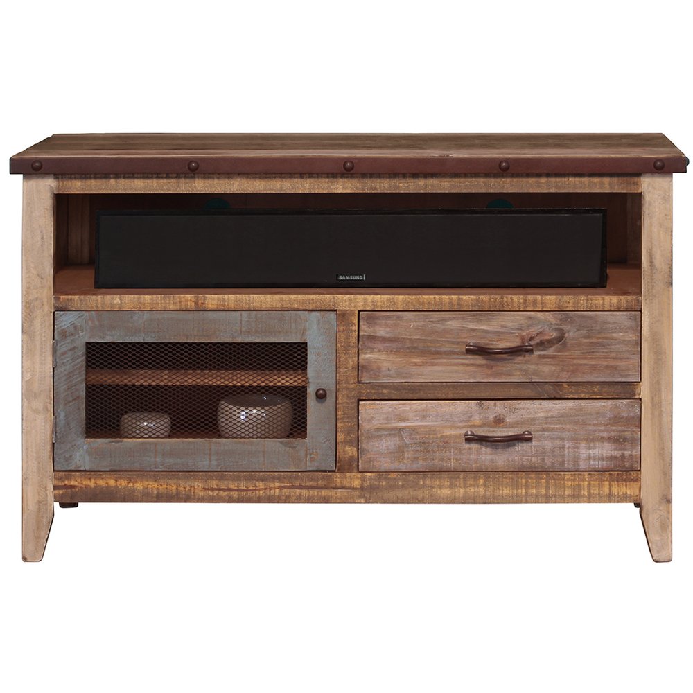 53" Brown Solid Wood Cabinet Enclosed Storage Distressed TV Stand. TV stand isolated on a plain white background, finished in brown wood.