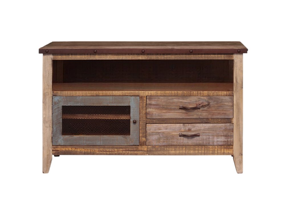 53" Brown Solid Wood Cabinet Enclosed Storage Distressed TV Stand. TV stand isolated on a plain white background, showing a brown wood surface.