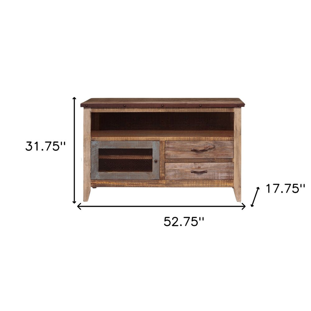 53" Brown Solid Wood Cabinet Enclosed Storage Distressed TV Stand. TV stand isolated on a plain white background, finished in brown wood.