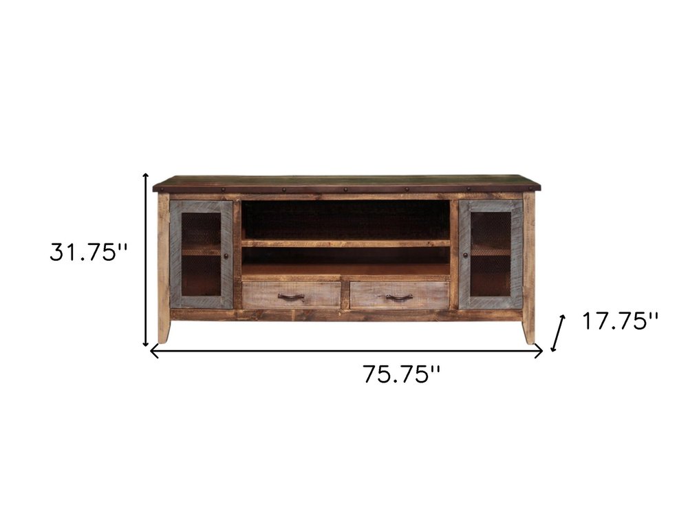 76" Brown Solid Wood Cabinet Enclosed Storage Distressed TV Stand - 31.75" H x 75.75" W x 17.75" D
