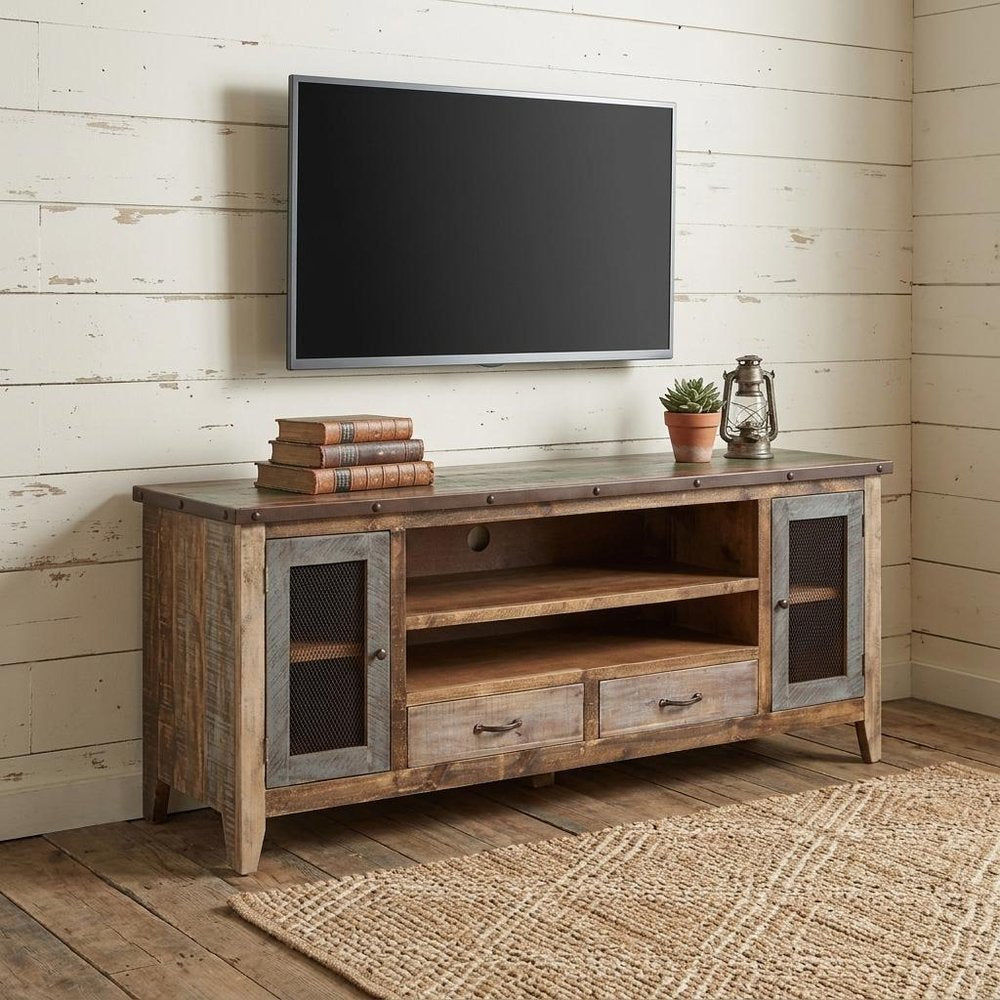 76" Brown Solid Wood Cabinet Enclosed Storage Distressed TV Stand - 31.75" H x 75.75" W x 17.75" D