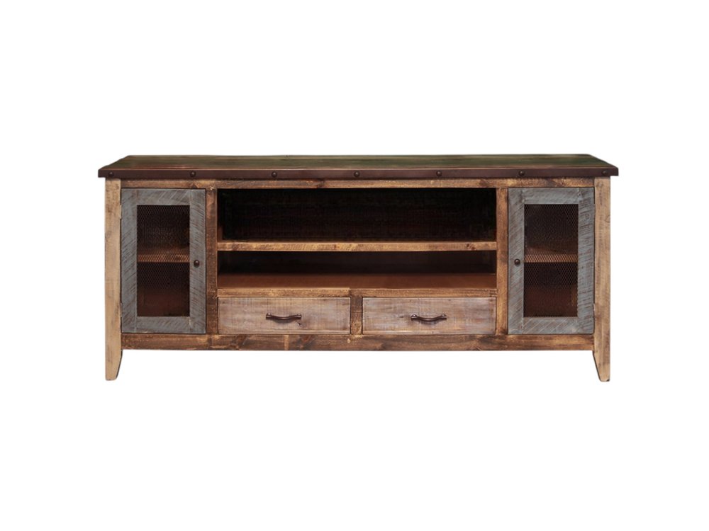Brown solid wood TV stand with distressed finish, two drawers, and two mesh-covered cabinets on a white background.