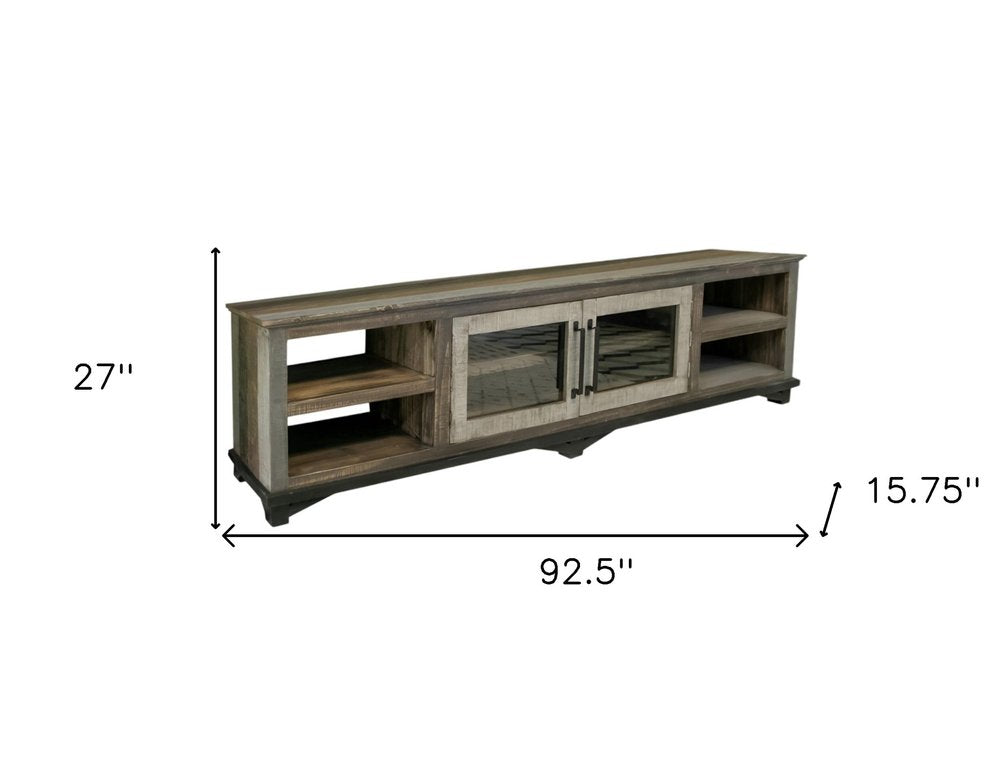 93" Brown Solid Wood Cabinet Enclosed Storage Distressed TV Stand on a white background