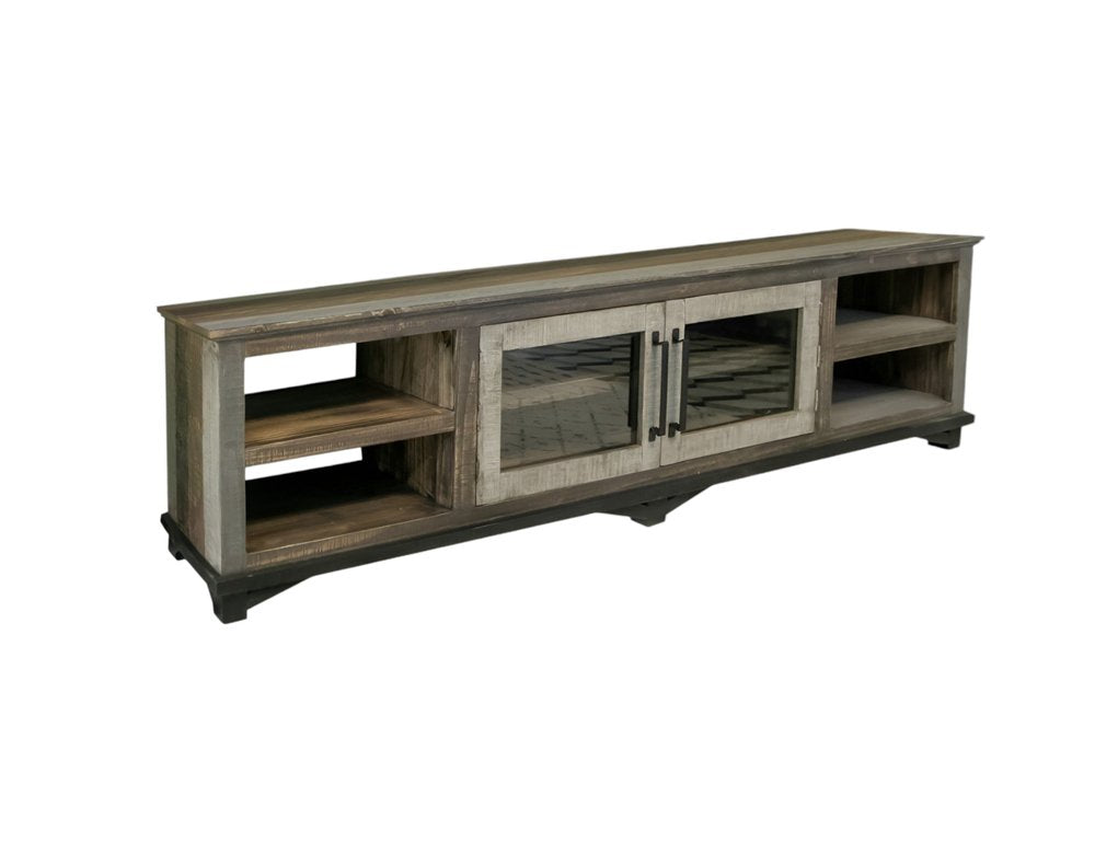 93" Brown Solid Wood Cabinet Enclosed Storage Distressed TV Stand on a white background