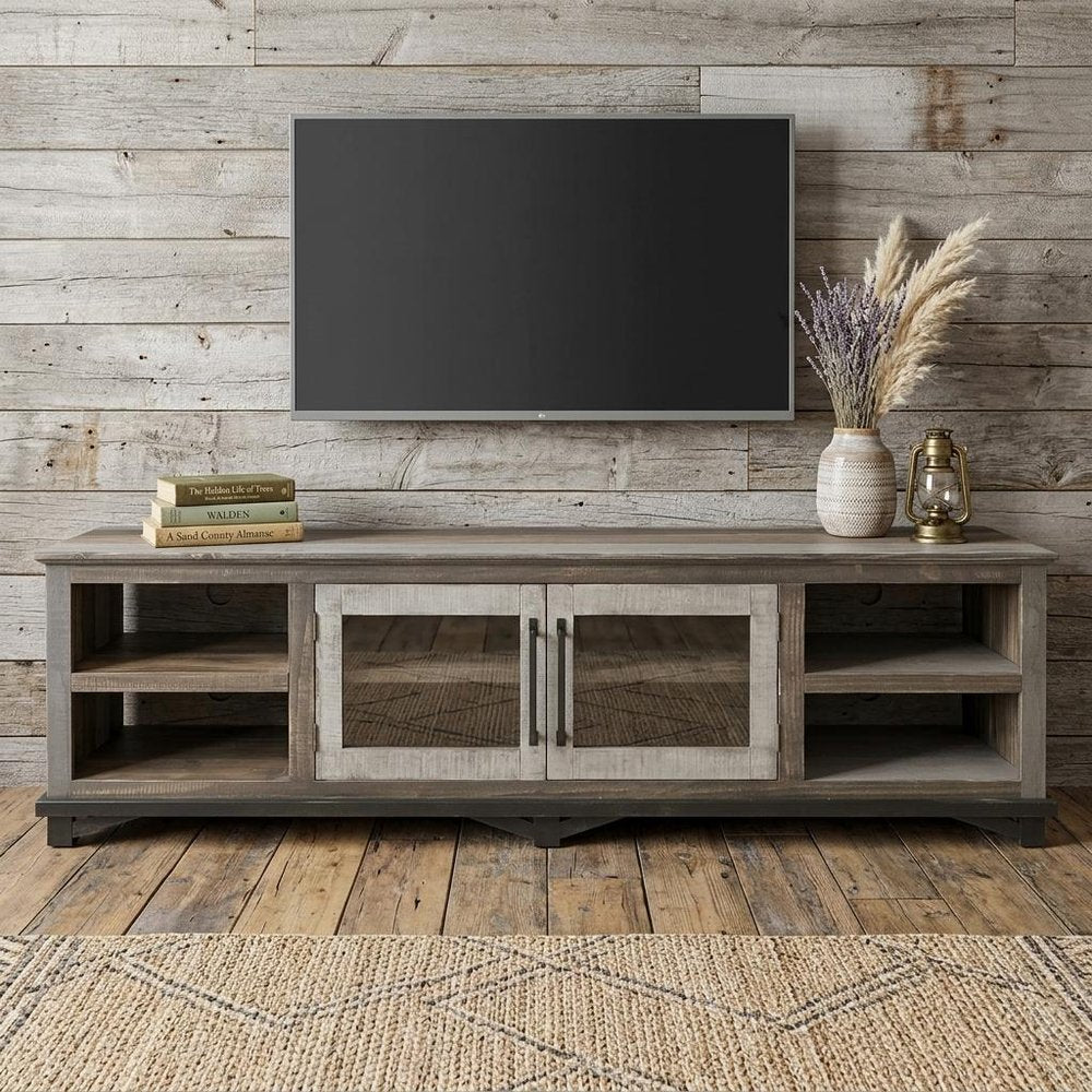 93" Brown Solid Wood Cabinet Enclosed Storage Distressed TV Stand