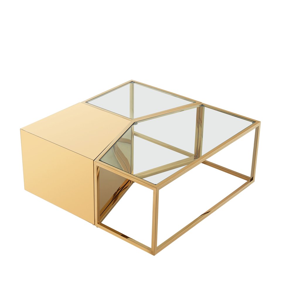 Set of Three 37" Clear And Gold Glass And Stainless Steel Square Mirrored Bunching Coffee Tables on a white background