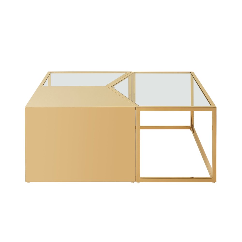 Set of Three 37" Clear And Gold Glass And Stainless Steel Square Mirrored Bunching Coffee Tables on a white background