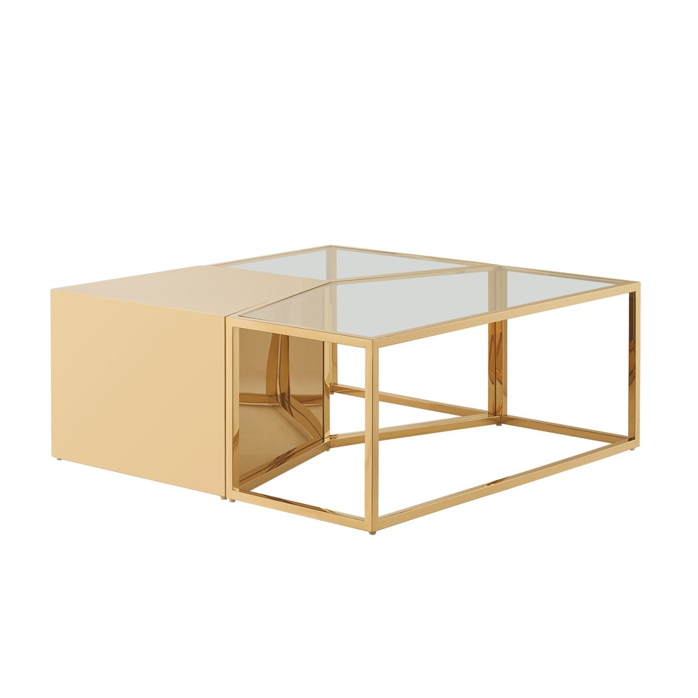 Set of Three 37" Clear And Gold Glass And Stainless Steel Square Mirrored Bunching Coffee Tables on a white background