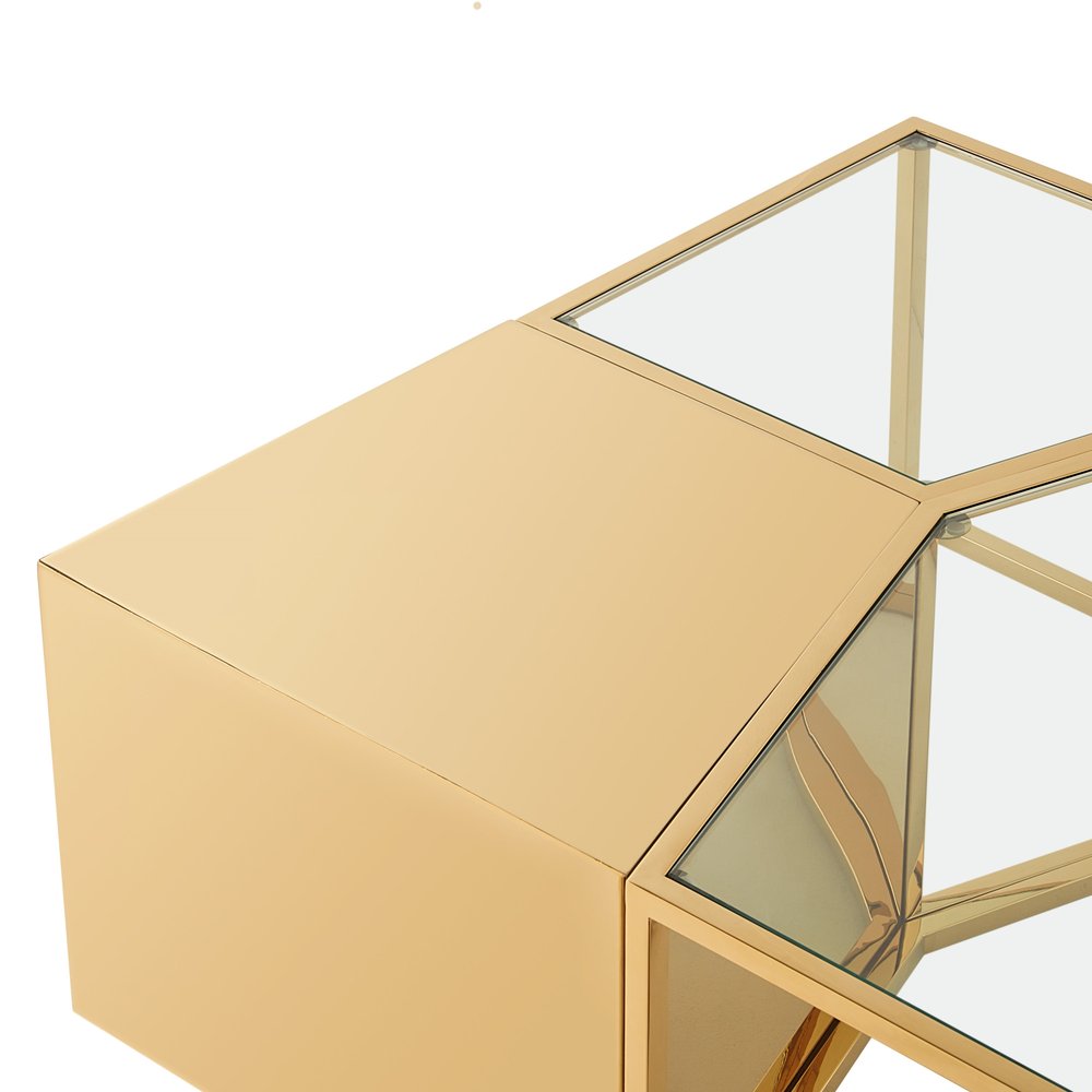 Set of Three 37" Clear And Gold Glass And Stainless Steel Square Mirrored Bunching Coffee Tables on a white background
