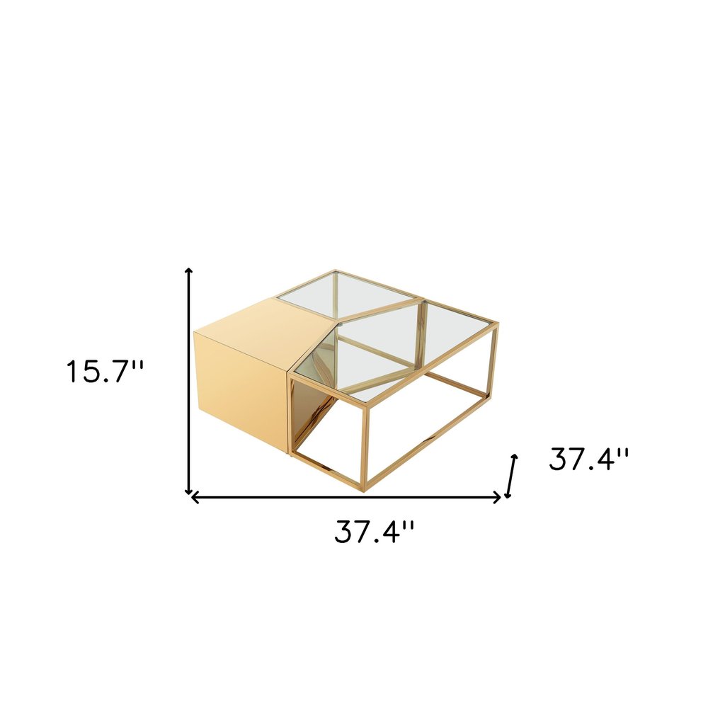 Set of Three 37" Clear And Gold Glass And Stainless Steel Square Mirrored Bunching Coffee Tables on a white background