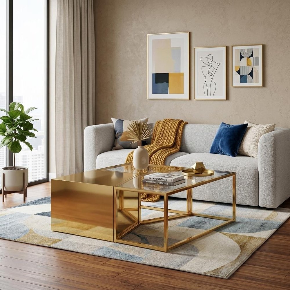 Set of Three 37" Clear And Gold Glass And Stainless Steel Square Mirrored Bunching Coffee Tables in a home interior