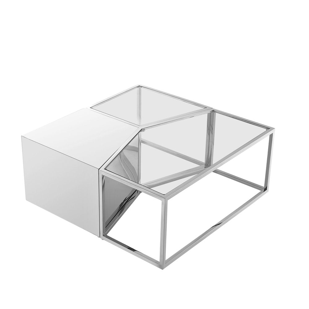 Set of Three 37" Clear And Gold Glass And Stainless Steel Square Mirrored Bunching Coffee Tables on a white background