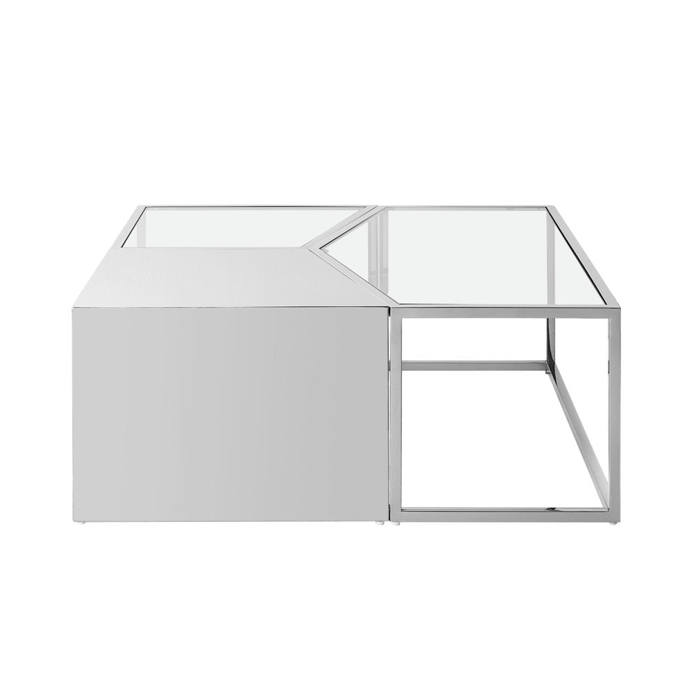 Set of Three 37" Clear And Gold Glass And Stainless Steel Square Mirrored Bunching Coffee Tables on a white background