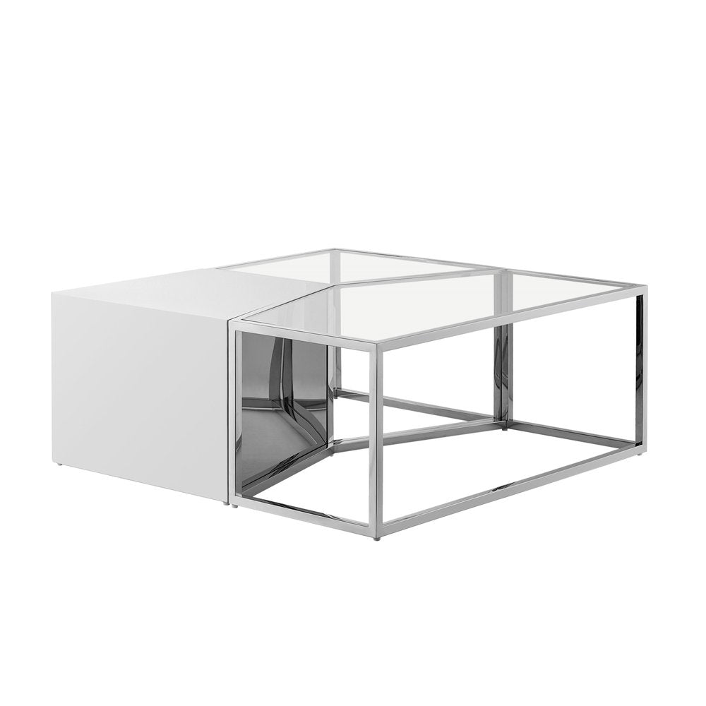 Set of Three 37" Clear And Gold Glass And Stainless Steel Square Mirrored Bunching Coffee Tables on a white background