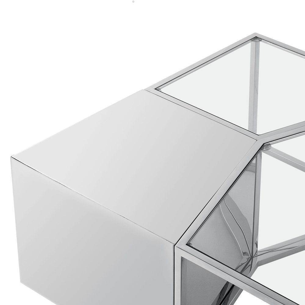 Set of Three 37" Clear And Gold Glass And Stainless Steel Square Mirrored Bunching Coffee Tables on a white background