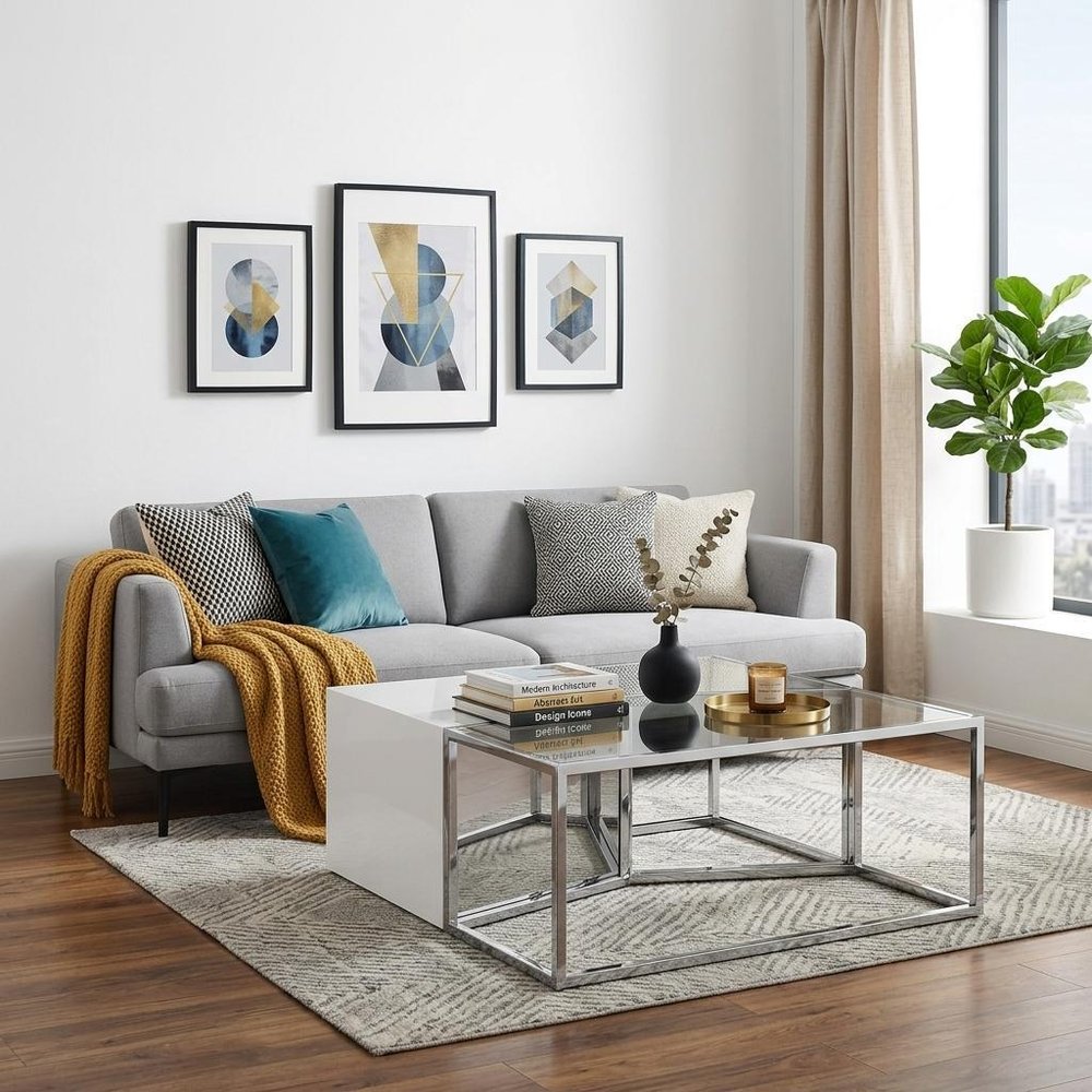 Set of Three 37" Clear And Gold Glass And Stainless Steel Square Mirrored Bunching Coffee Tables close-up detail