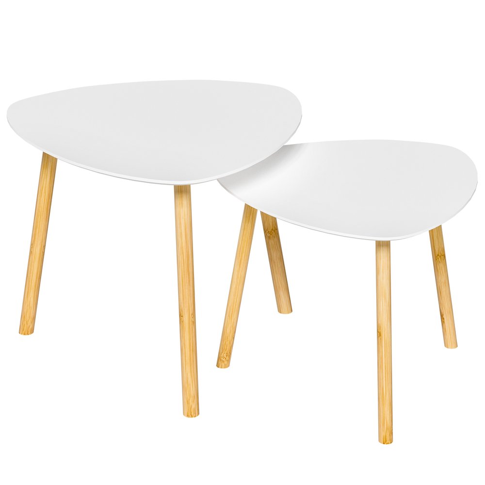 Set Of Two White and Natural Wood Triangle Nested Coffee Tables