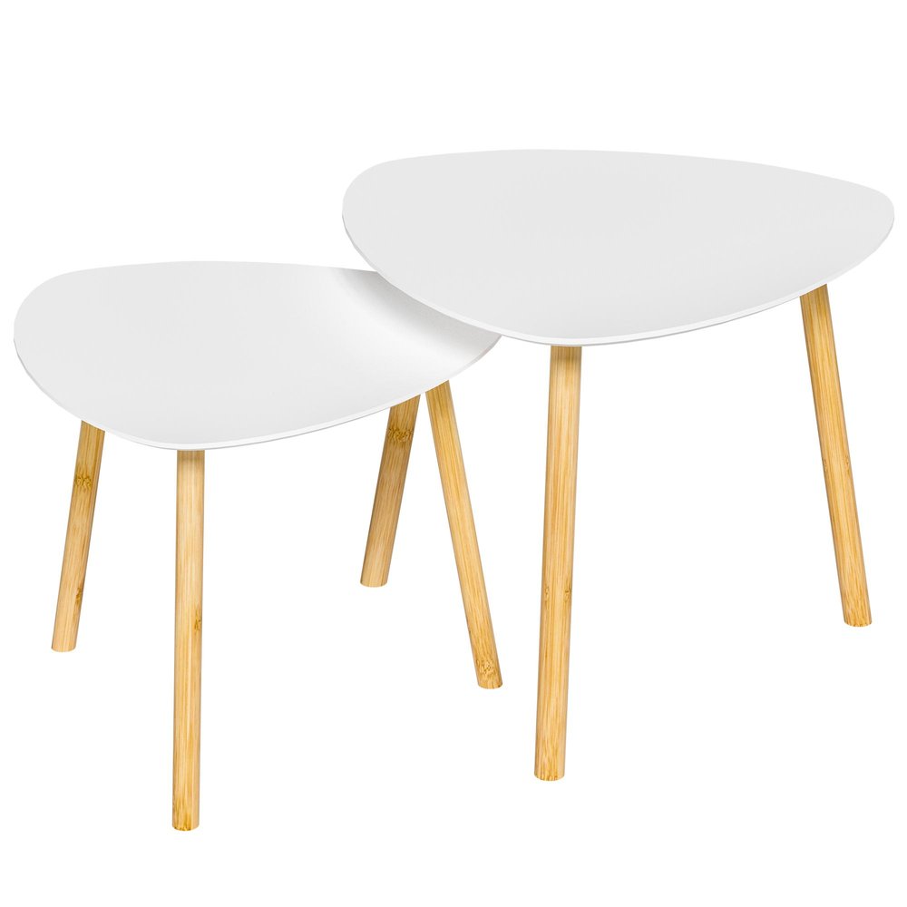Set Of Two White and Natural Wood Triangle Nested Coffee Tables
