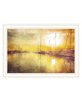 Yellow Sunset Boats In Marina White Framed Print Wall Art on a white background