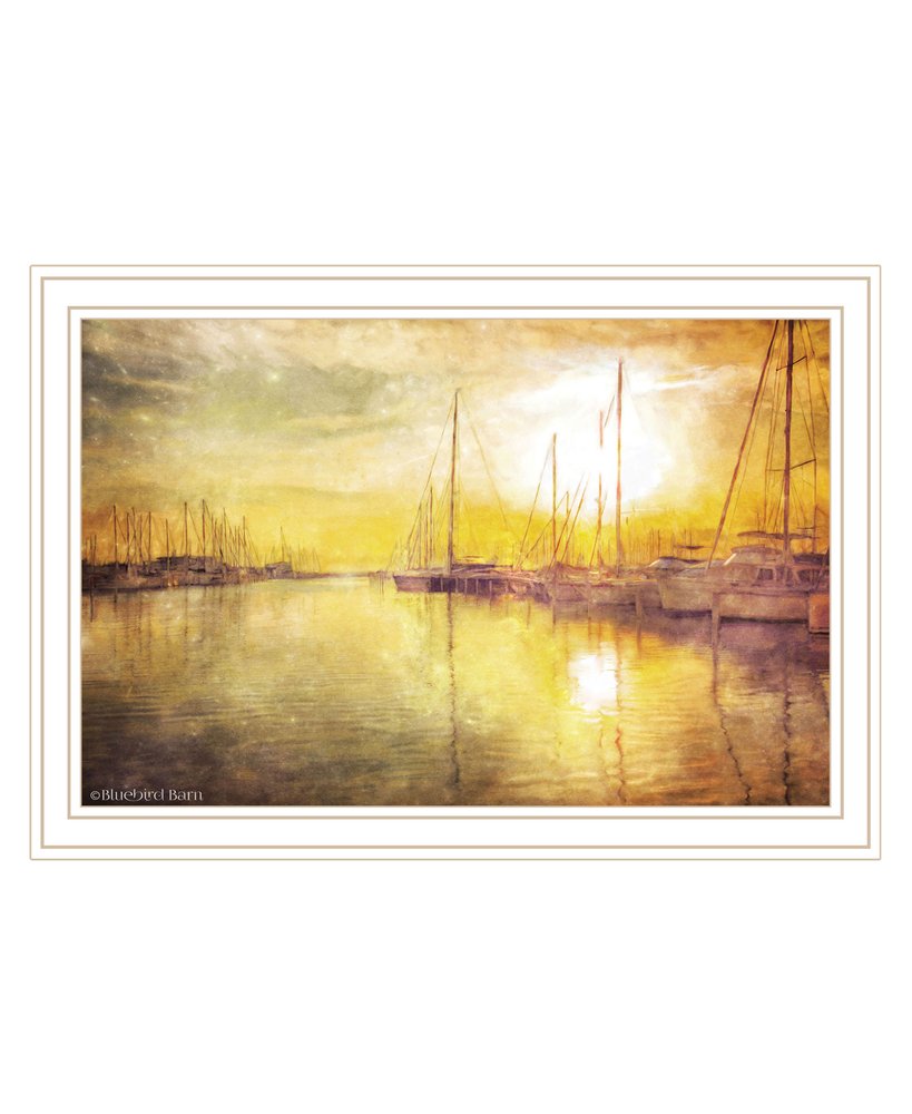 Yellow Sunset Boats In Marina White Framed Print Wall Art on a white background