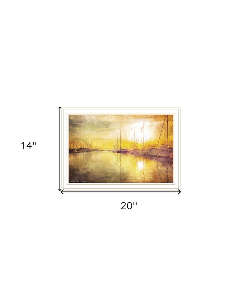 Yellow Sunset Boats In Marina White Framed Print Wall Art on a white background