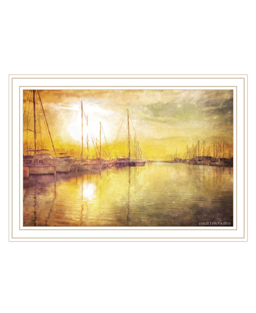 Yellow Sunset Boats In Marina White Framed Print Wall Art on a white background