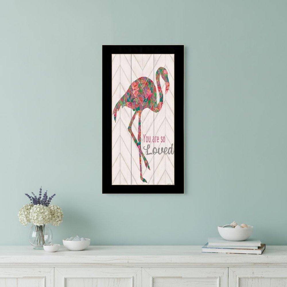 You are so loved Flamingo Black Framed Wall Art - 20.00" H x 11.00" W x 1.00" D on a white background