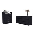 Two Piece Black Bedroom Set - with Horizontal Dresser With Six Drawers of Multiple Sizes on a white background