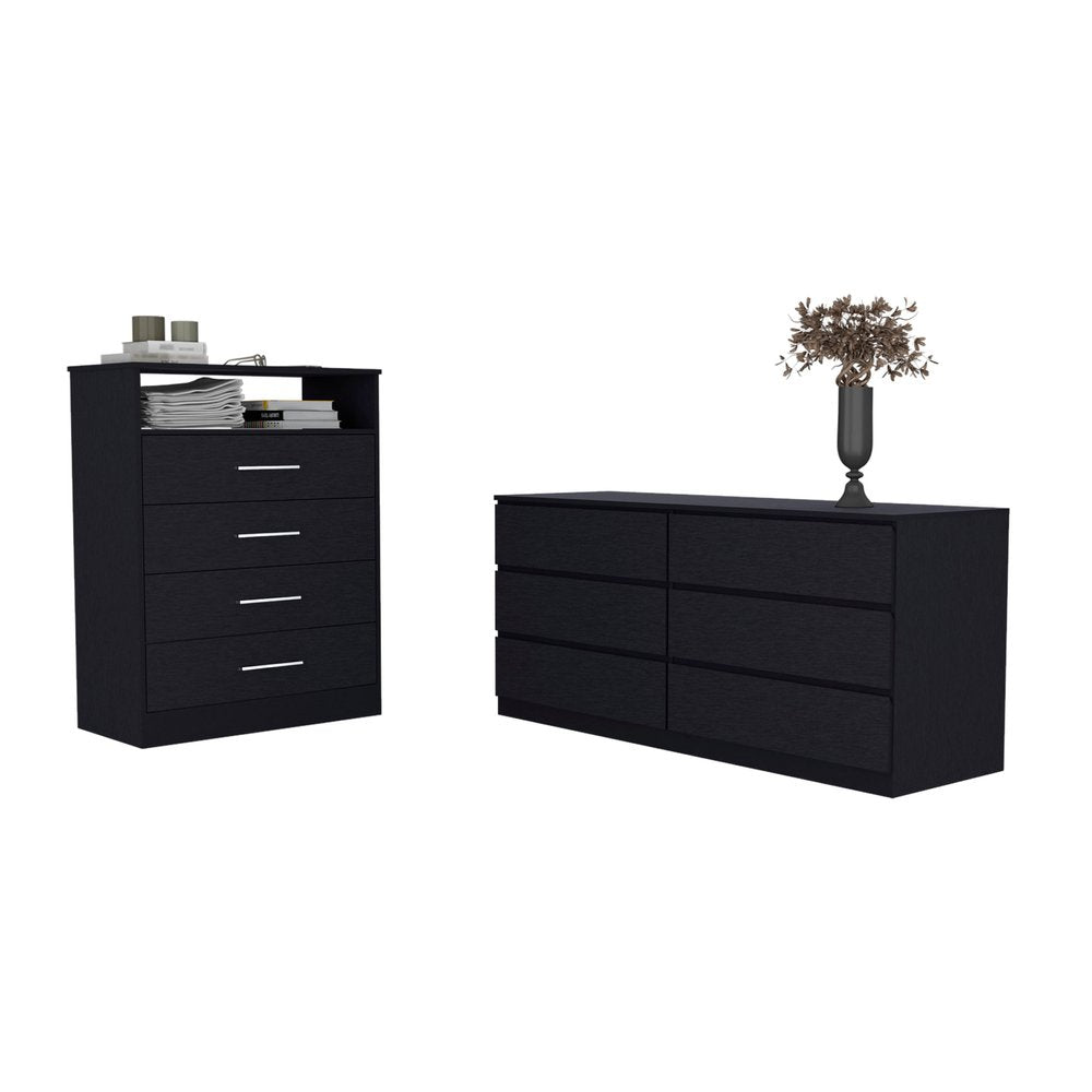 Two Piece Black Bedroom Set - with Horizontal Dresser With Six Drawers of Multiple Sizes on a white background
