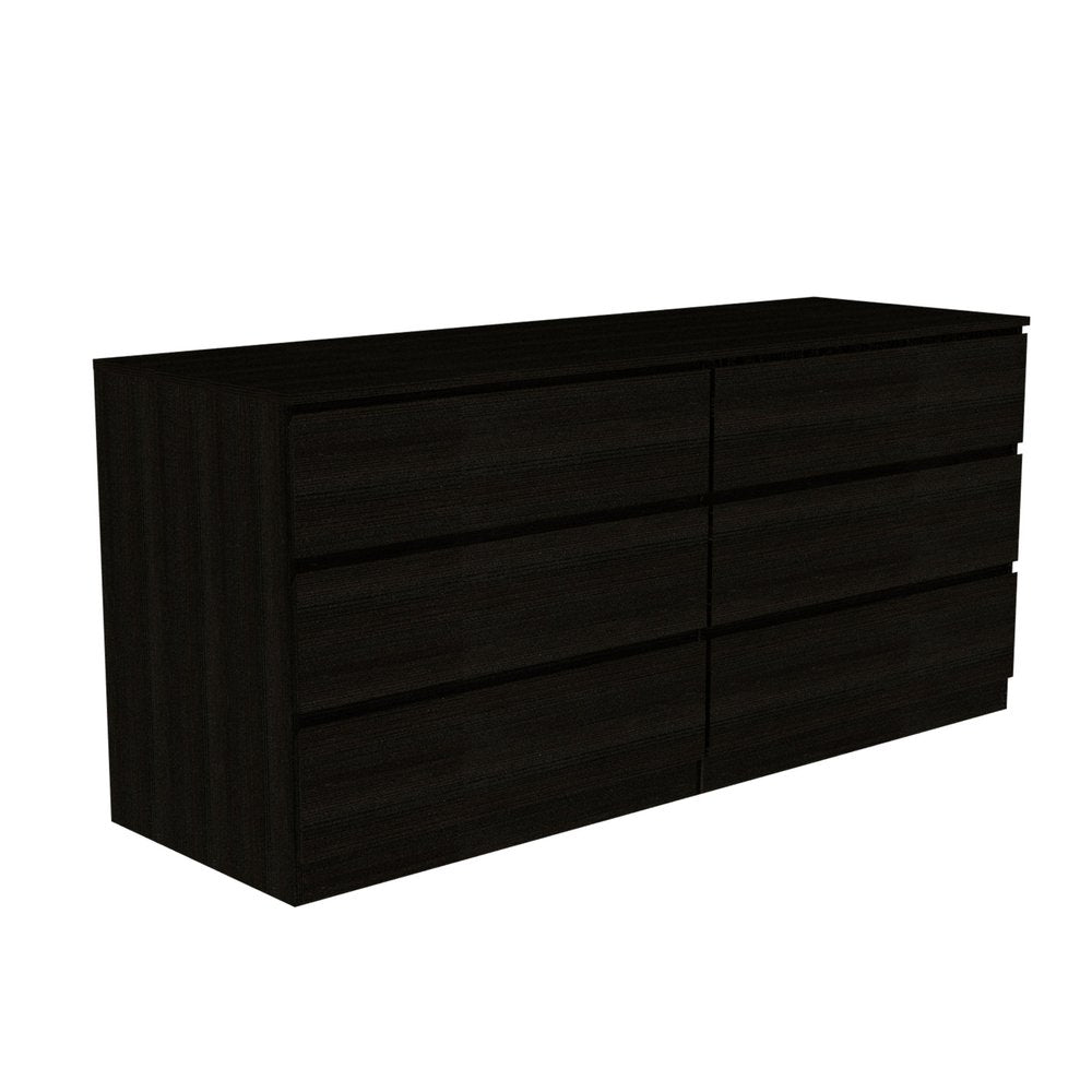 Two Piece Black Bedroom Set - with Horizontal Dresser With Six Drawers of Multiple Sizes on a white background