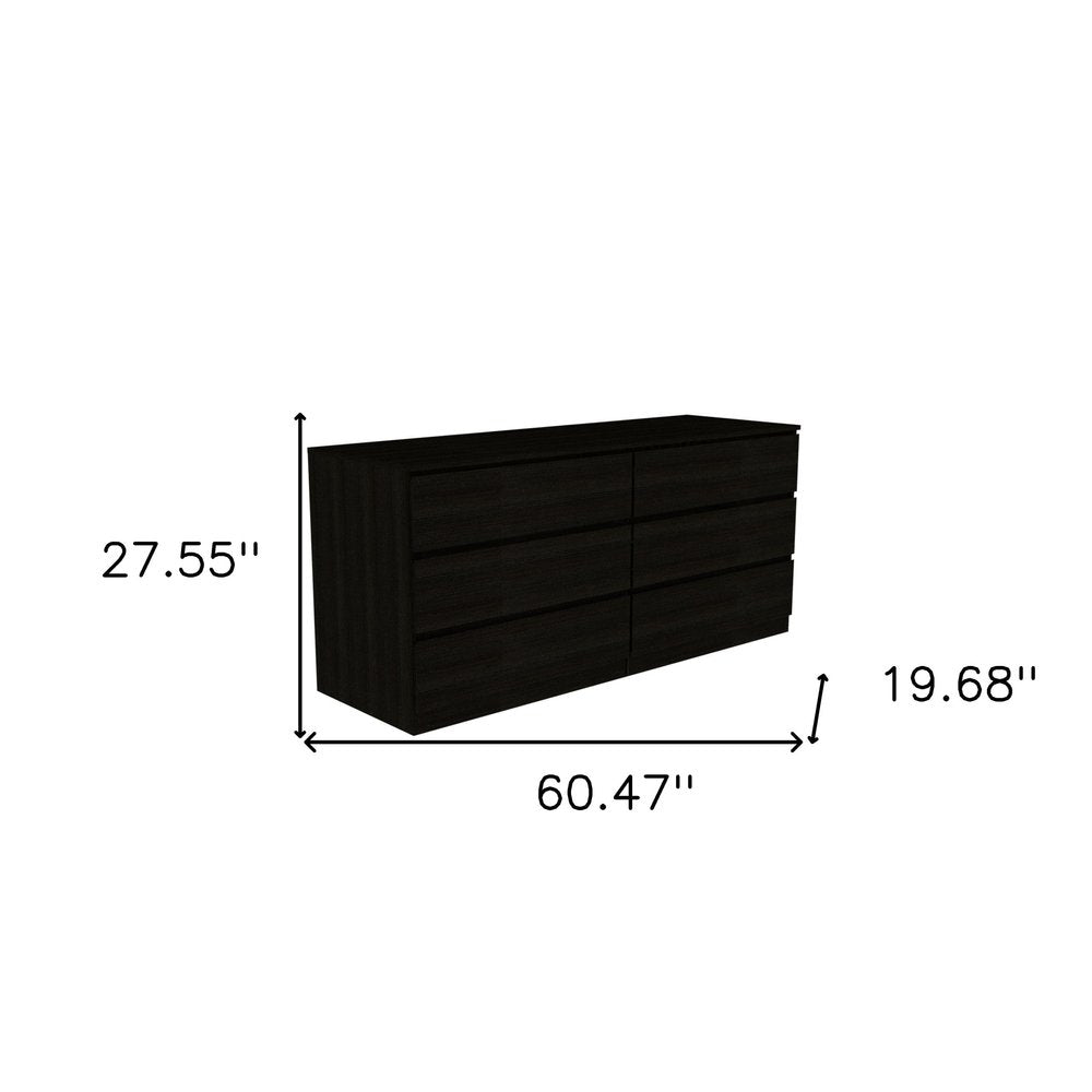 Two Piece Black Bedroom Set - with Horizontal Dresser With Six Drawers of Multiple Sizes on a white background