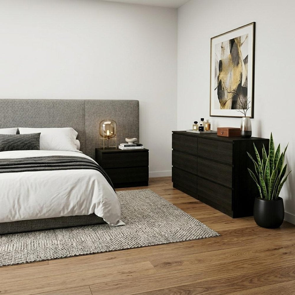 Two Piece Black Bedroom Set - with Horizontal Dresser With Six Drawers of Multiple Sizes in a home interior