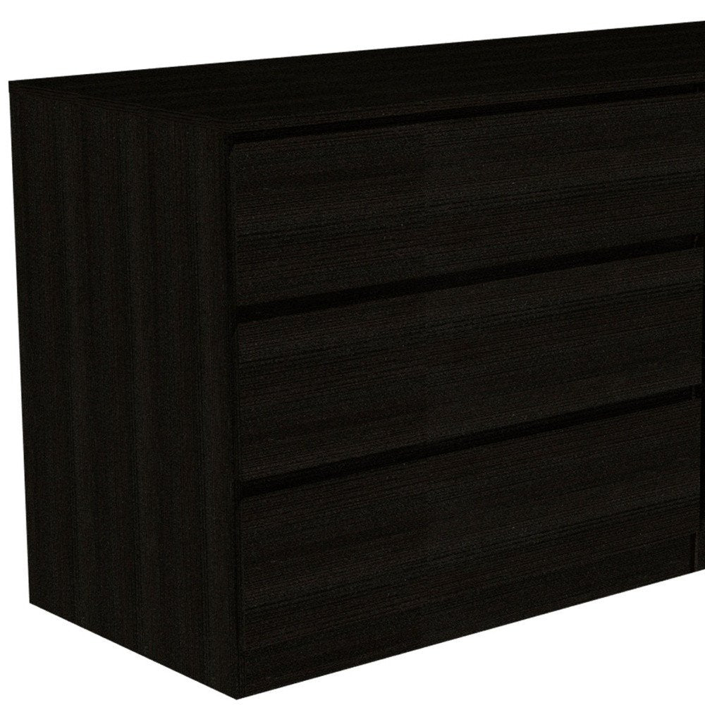 Two Piece Black Bedroom Set - with Horizontal Dresser With Six Drawers of Multiple Sizes on a white background