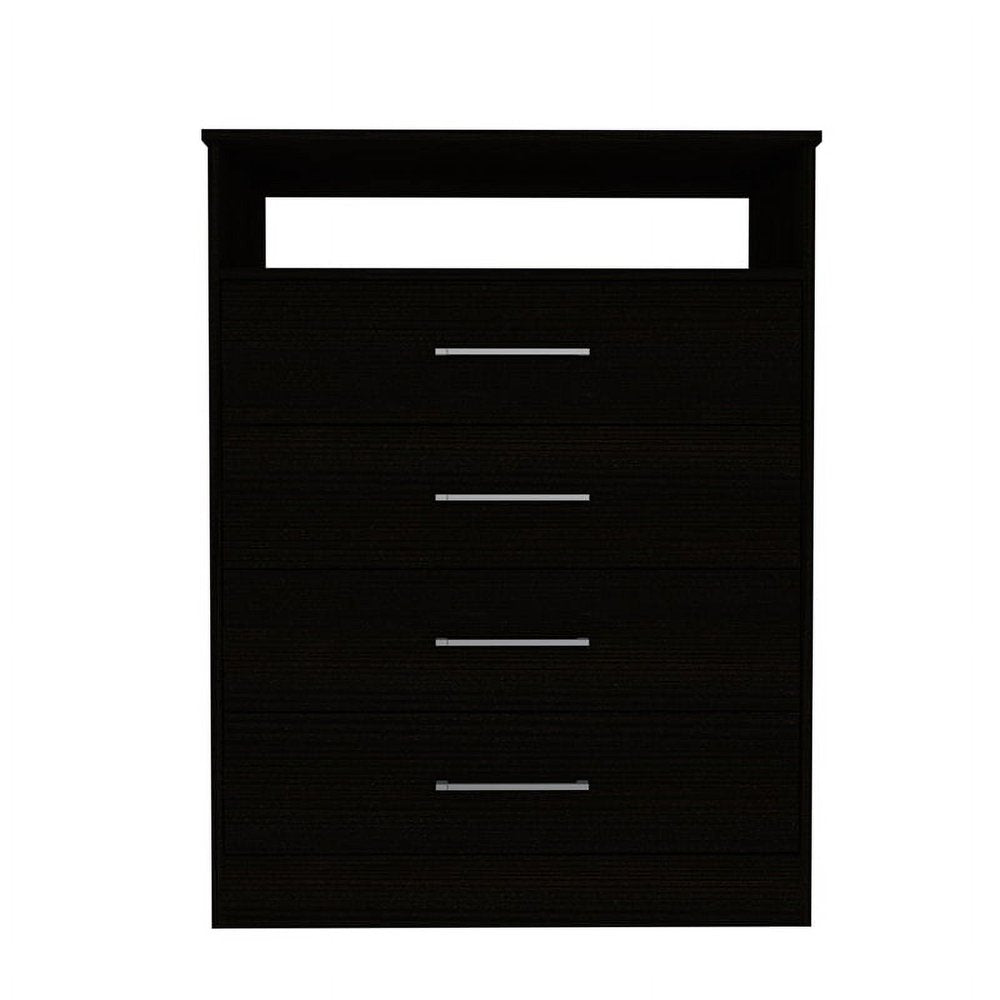 Two Piece Black Bedroom Set - with Horizontal Dresser With Six Drawers of Multiple Sizes on a white background