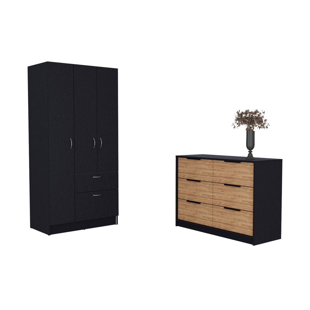 A black wardrobe with two drawers and a black and wood dresser with six drawers, set against a white background.